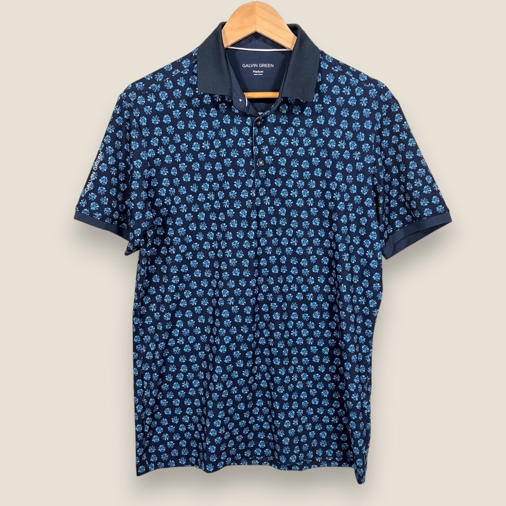 Galvin Green Performance Polo Shirt Men Medium Navy Blue Floral All Over Print
